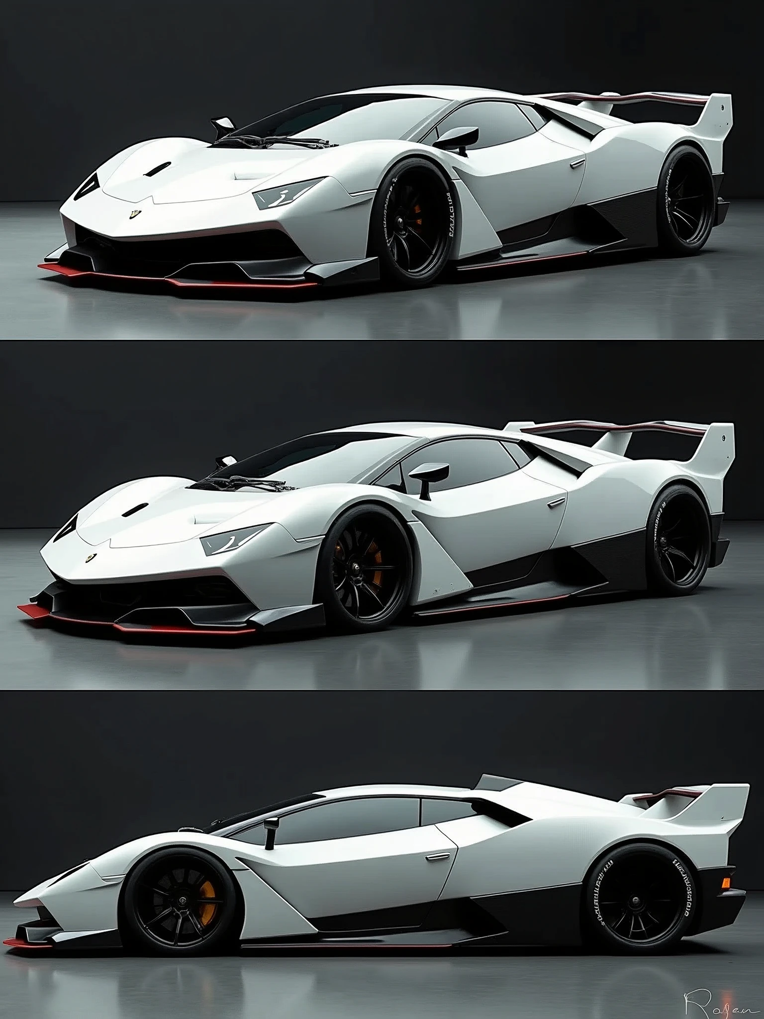 Draw a fusion of White Ferrari F-40 and White Lamborghini Countach in 3 frames:
- Front view
- Side view
- Rear view realistic