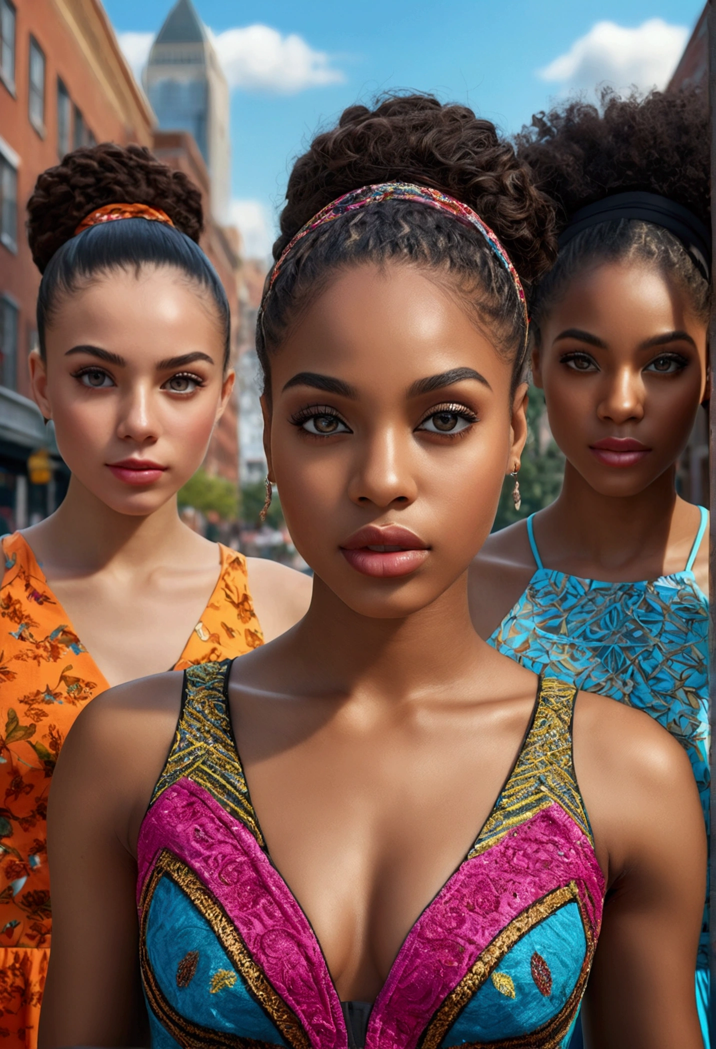 6 beautiful black girls, beautiful detailed eyes, beautiful detailed lips, extremely detailed eyes and face, long eyelashes, athletic athletic bodies, colorful dresses, city background, (best quality,4k,8k,highres,masterpiece:1.2),ultra-detailed,(realistic,photorealistic,photo-realistic:1.37),vibrant colors,natural lighting,cinematic composition,intricate details,highly detailed facial features