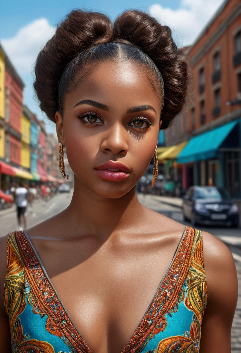 6 beautiful black girls, beautiful detailed eyes, beautiful detailed lips, extremely detailed eyes and face, long eyelashes, athletic athletic bodies, colorful dresses, city background, (best quality,4k,8k,highres,masterpiece:1.2),ultra-detailed,(realistic,photorealistic,photo-realistic:1.37),vibrant colors,natural lighting,cinematic composition,intricate details,highly detailed facial features