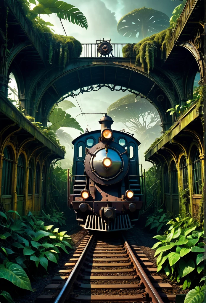 Train Station, aesthetic, steampunk derelict trains, railroads, stacked on top of each other in the jungle, covered with vines, plants, cogs, gears; epic lighting, cinematic, brilliant, stunning, intricate, meticulous, dramatic, atmospheric, maximalist, digital matte painting, mysterious, ominous, crepuscule, Moebius, golden hours