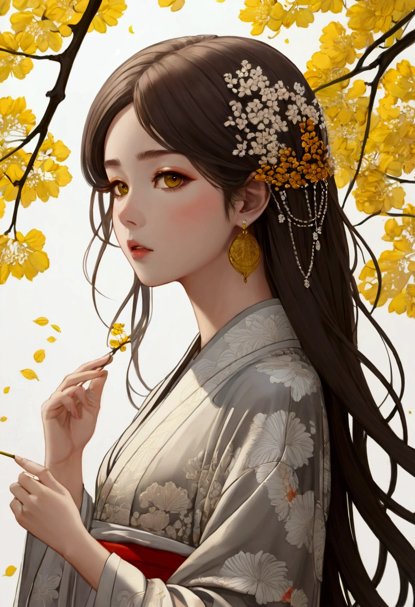 2D, Pastel colors, watercolor, Low color saturation,
Line Art, ((Inspired by Takato Yamamoto)),
1 Girl, Solitary, Long hair, Hair accessories, Long sleeve, skirt, Keep, Brown eyes, Jewelry, Shut up, Upper Body, Weaving, earrings, Artist Name, Pattern, Wide sleeves, necklace, plant, yellow 花,
