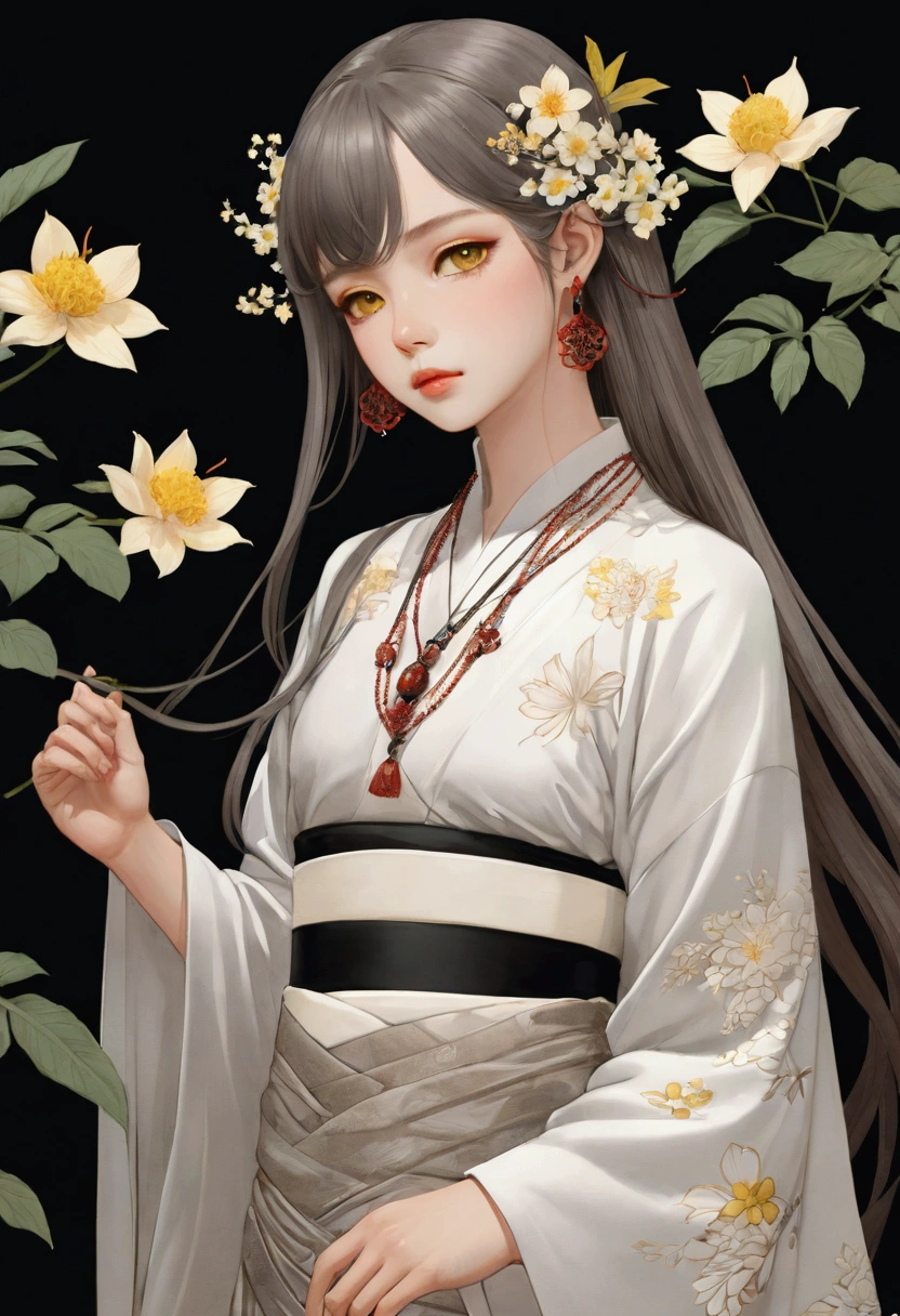 2D, Pastel colors, watercolor, Low color saturation,
Line Art, ((Inspired by Takato Yamamoto)), 
1 Girl, Solitary, Long hair, Hair accessories, Long sleeve, skirt, Keep, Brown eyes, Jewelry, Shut up, Upper Body, Weaving, earrings, Artist Name, Pattern, Wide sleeves, necklace, plant, yellow 花, 
 