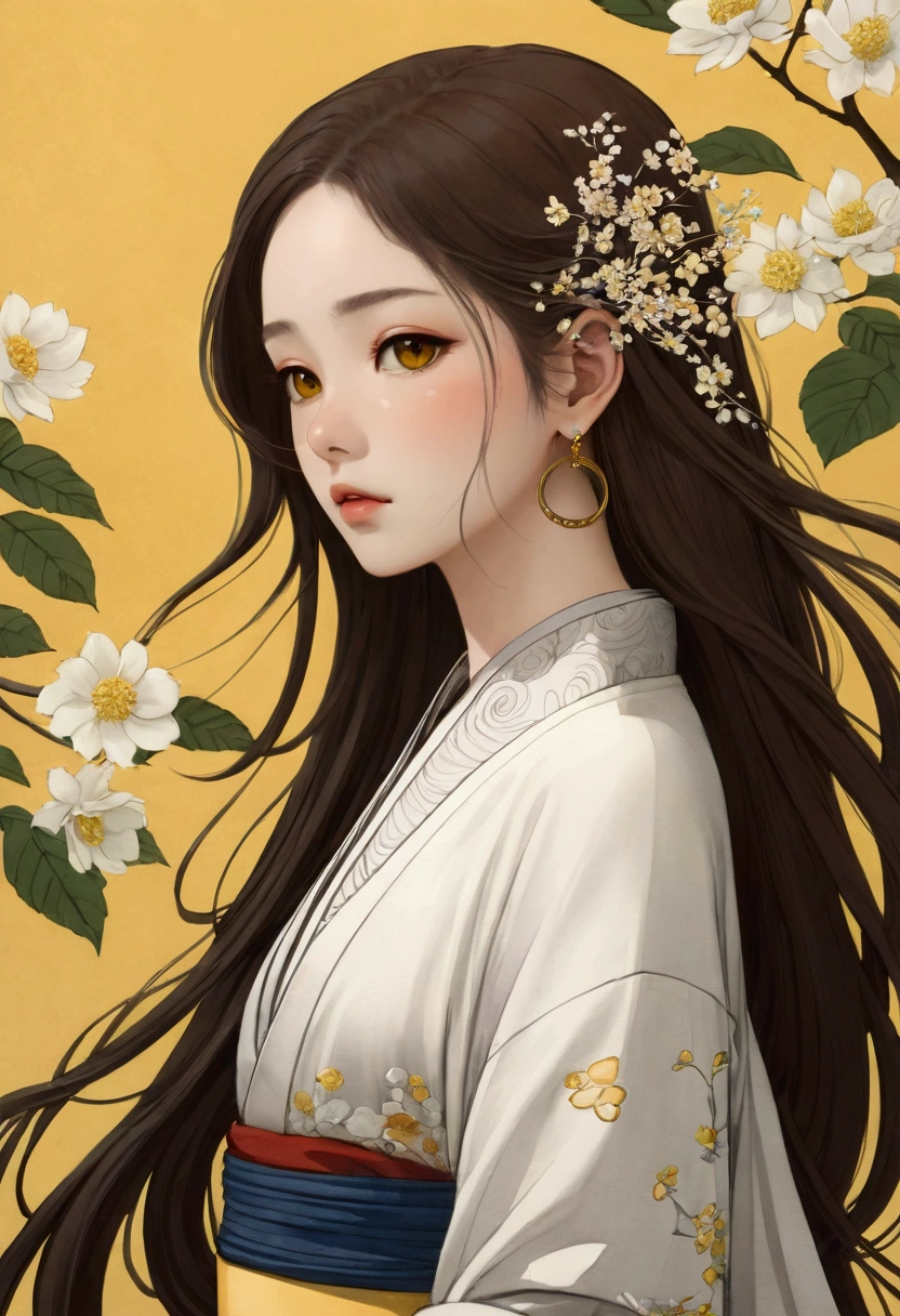 2D, Pastel colors, watercolor, Low color saturation,
Line Art, ((Inspired by Takato Yamamoto)), 
1 Girl, Solitary, Long hair, Hair accessories, Long sleeve, skirt, Keep, Brown eyes, Jewelry, Shut up, Upper Body, Weaving, earrings, Artist Name, Pattern, Wide sleeves, necklace, plant, yellow 花, 
 