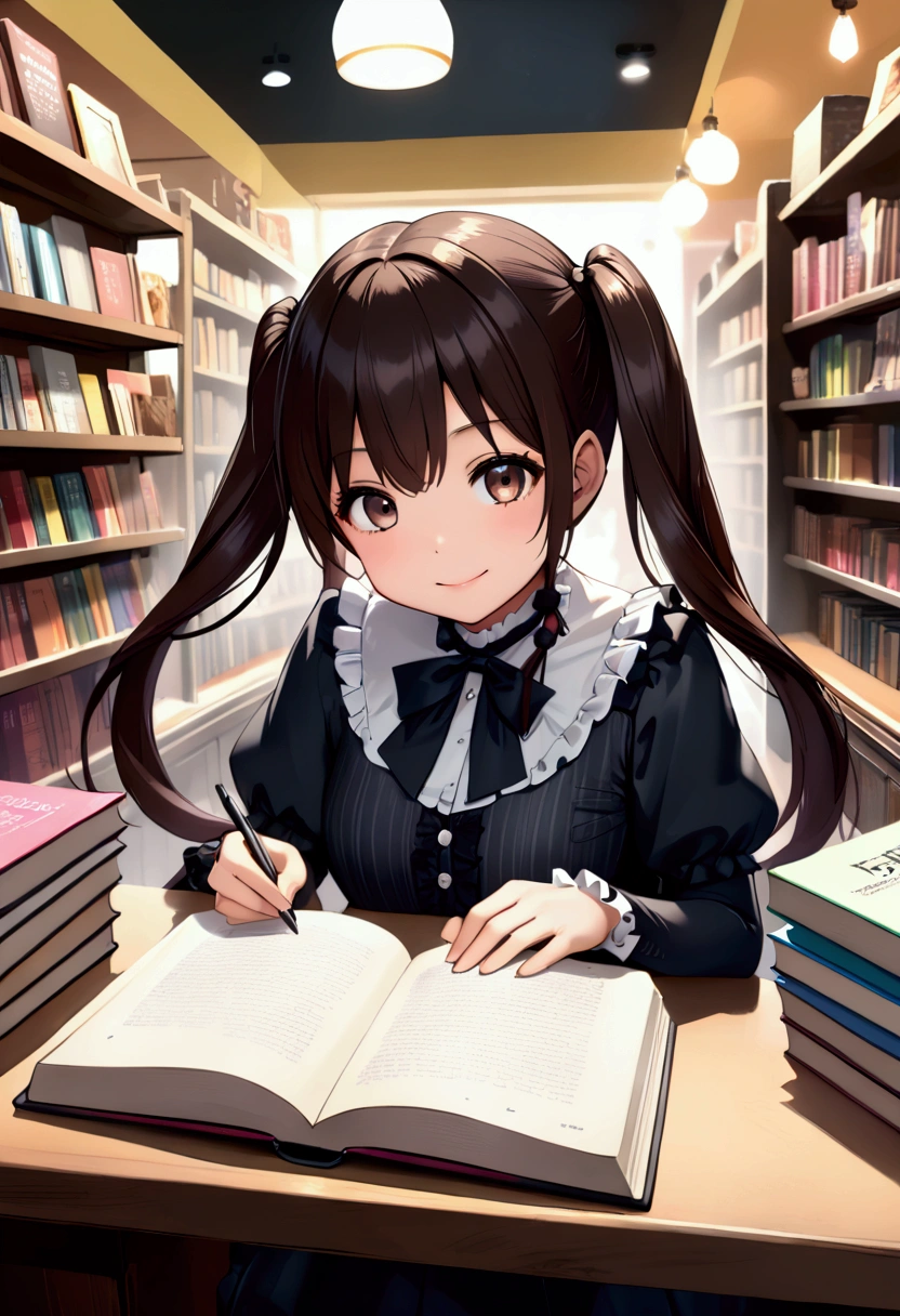 (nsfw:1.5)((垂れeye)),(((Twin tails))),Dark brown hair,pupil_Black,pupil_big,eye_small,Baby Face,round face,8k wallpaper, (shape:0.8), (Beautiful attention to detail:1.6), Highly detailed face, Perfect lighting, Extremely detailed CG, (Perfect hands, Perfect Anatomy),Gothic Lolita,Her occupation is novelist,bookstore,New books are piled up on the tables inside the store.,Bright interior,Her autograph session,I&#39;m signing new books,There is a queue,It is crowded with many customers.,A happy smile,