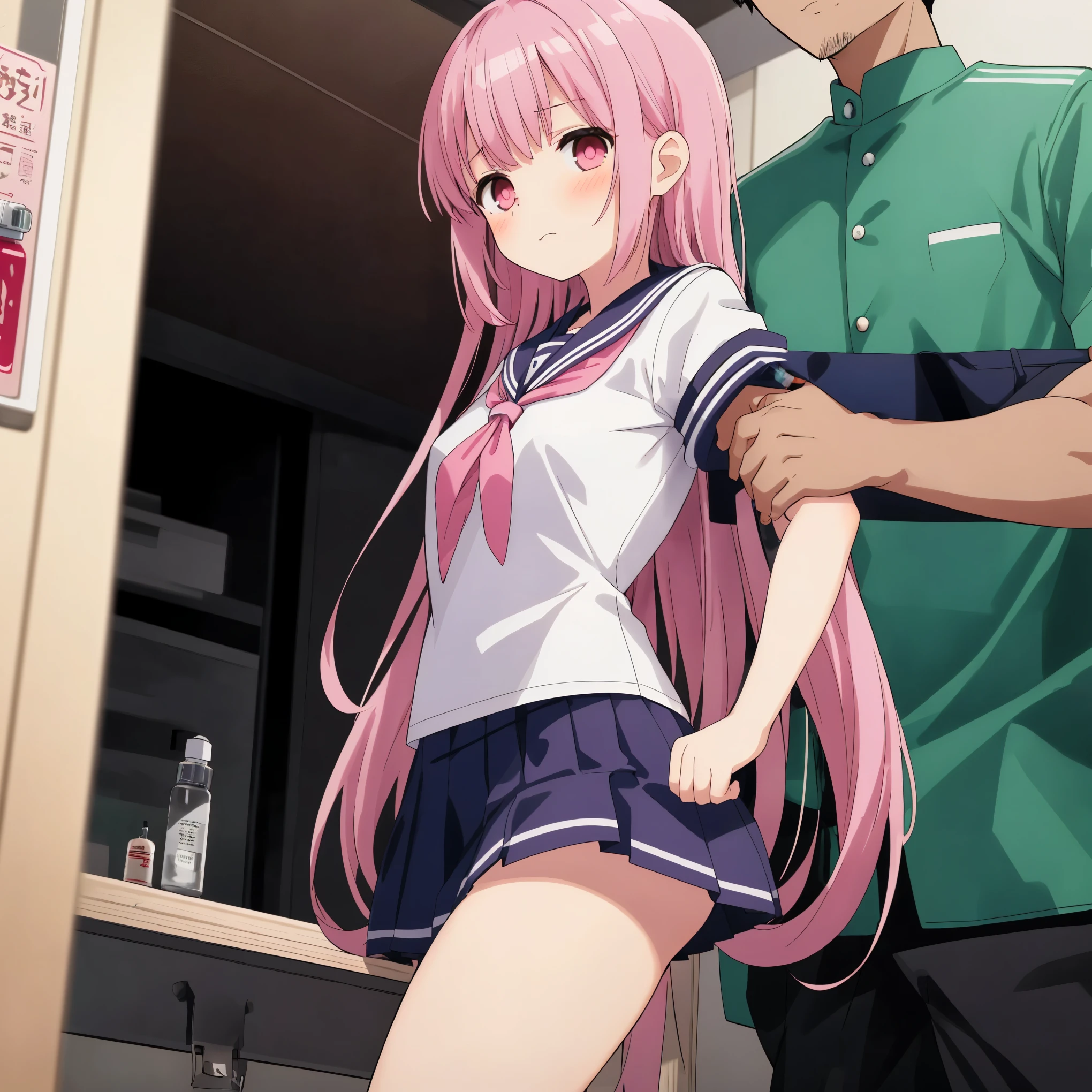 A pink-haired high school girl in a sailor uniform receives a vaccination、A man grabs your arm、Take the syringe and stick it into your upper arm.。.