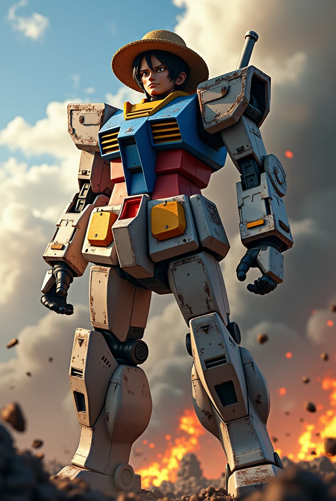 Draw a super realistic and cinematic portrait of gundam character combine with luffy, war effect and background