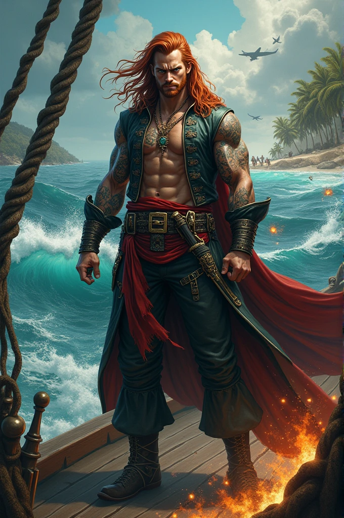 (masterpiece), (best quality:1.2), absurdres, intricate details, (highly detailed:1.2), (1man, muscular adult swedish male:1.2), turquoise eyes, copper hair, straight hair,
piratepunkai, skin, character focus, portrait, looking at viewer, solo, upper body, detailed background, sinister smile, outlaw, rich pirate captain outfit, tattoos, dark fantasy theme, high seas, wooden deck of a ship, cannonfire, gunpowder, flintlock pistol, flying debris, pirate battle, maelstrom, dark storm, raining, tropical beach, pirate hideout, docks, camp, palm trees, sand, peaceful, sunlight, loot, compass, treasure,