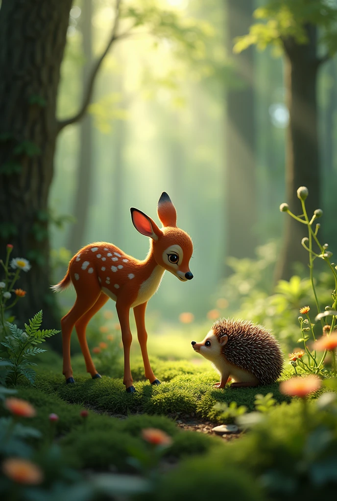 A fawn found a hedgehog in the forest and looks at it in surprise