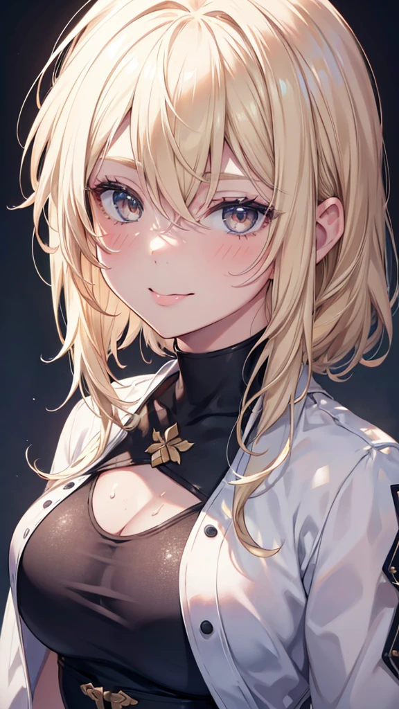 Serious teenage girl, Messy blonde, White eyes, Scar on one eye, Sunburned skin, Stylish black and white outfit, Attractive body, Dark and cold look, Detailed portrait, 8k, photograph (Highest quality) . ,4K,8k,High resolution,masterpiece:1.2),Very detailed,(Realistic,photoRealistic,photoRealistic:1.37),Vibrant colors,Sharp focus,Physically Based Rendering,Extremely detailed,プロのtongue出し, blush, chest, smile, tongue,
