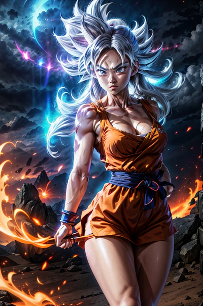 8k, Best Quality, masterpiece, woman dressed as Goku, 1 girl, ultra_instinct, white_hair, glowing aura, bright white long hair, floating hair raised, bright silver eyes, slim with wide hips, serious mocking expression. outdoor, clearing, plain, desert.