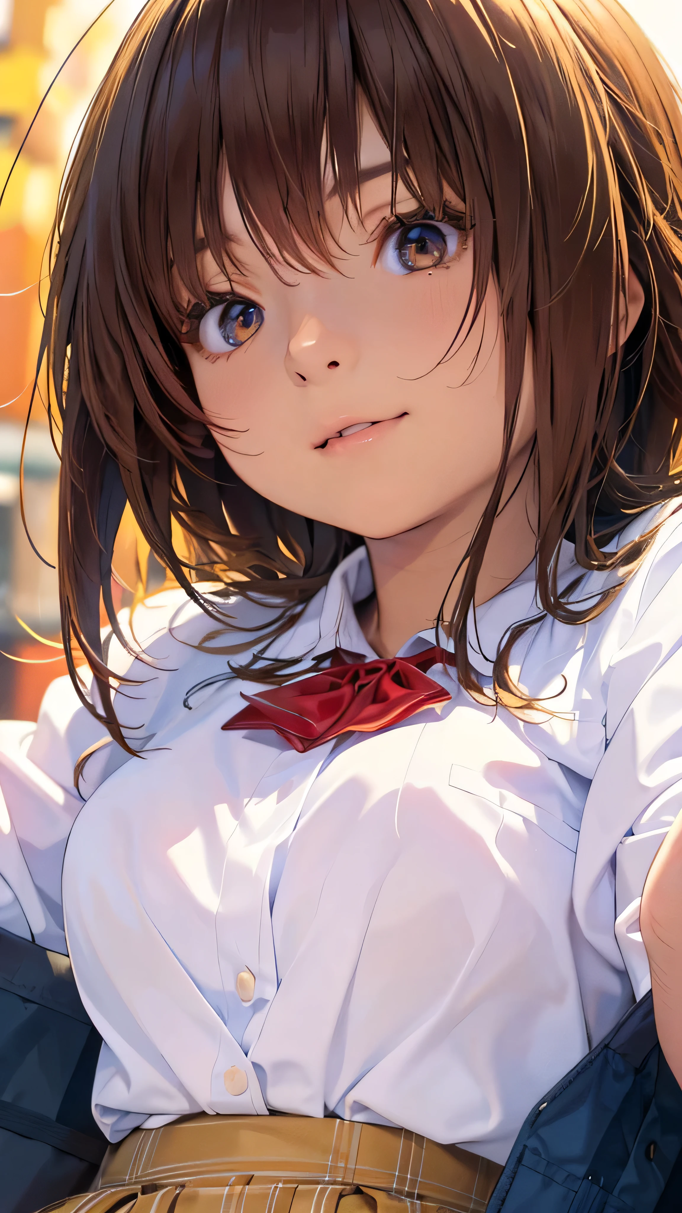 Official Art, wallpaper, Very detailed, (((Very detailedな目と顔))), Realistic portraits, (Highest quality, masterpiece, High resolution), (High resolutionスキン: 1.2), 8K Ultra HD, Backlight, Background Blur, smile, One Woman, Close-up of a woman in a white shirt, Beautiful woman face, Attractive beautiful face, Beautiful face and perfect skin, Diffused, Natural skin glow, Attractive and beautiful, Enveloped in golden light, Gorgeous and attractive face, Soft Golden Hour Lighting, natural beauty expressive pose, Soft golden light, Attractive girl, Beautiful woman face, Golden Background