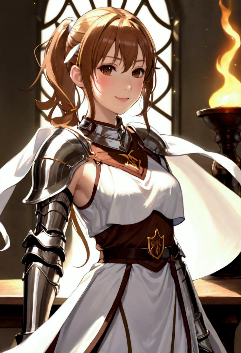 Asuna, Asuna_(Star), (1 Girl,Solitary) ,fantasy, high resolution, No.19,  The original, (Wear at waist:1.3), Smile, (White Knight Wizard Cape:1.5), short hair, Medium breasts, Looking at the audience, Bangs ,Delicate hazel eyes, Beautiful background, ((morning sun,Western-style private room)), Put your hands on your chest,(Brown hair,Short Ponytail:1.5), (Platinum Knight Wizard Fully Armored:1.55),short hair, permanent,straight on, Abeke,(whole body:1.1), White stockings,(Abeke:1.4),