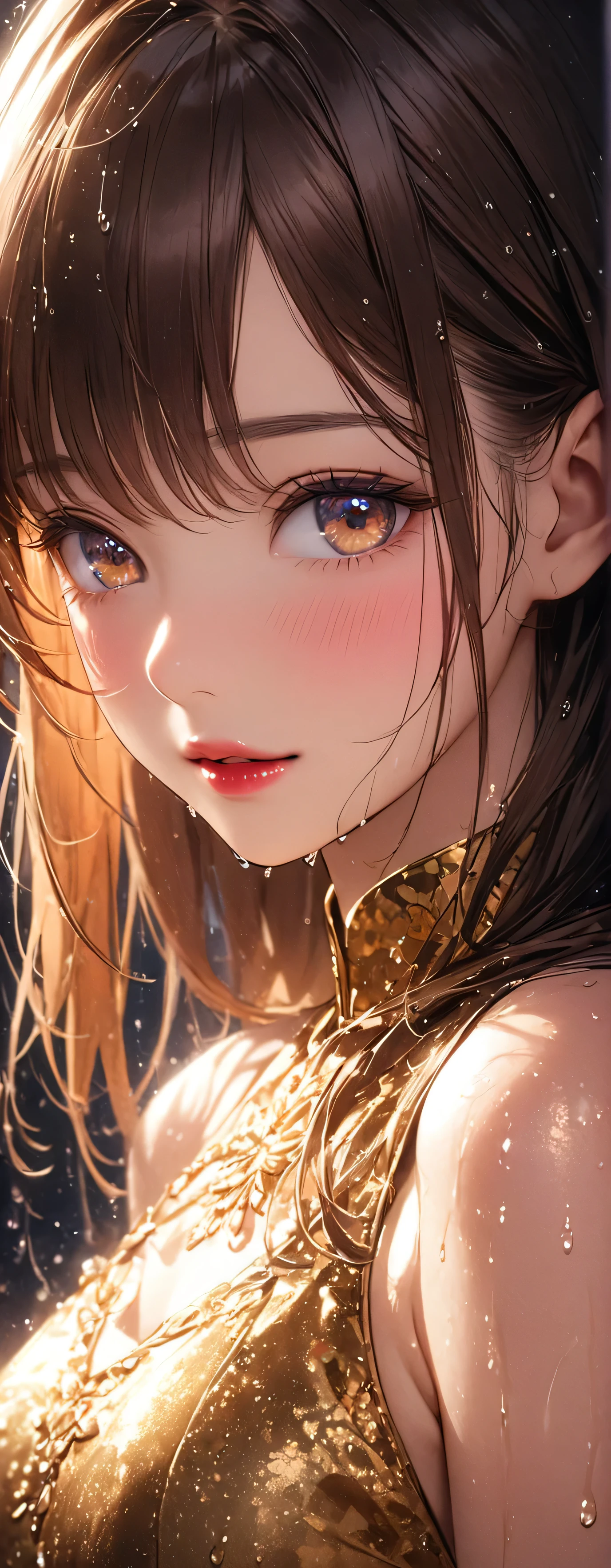 Straight Hair,Medium,Brown Hair,((Highly detailed golden sexy dress)), Looks about , (beautiful girl: 1.3),1girl,Highest quality,8k,Highly detailed CG unit wallpaper,masterpiece:1.2,Highest quality,Ultra-high resolution,RAW Photos,Realistic textured skin,Cinema Lighting,happy,Big Eyes,Detailed eyes,Wet,Wet,Watery eyes,weak,(Beautiful glossy lipstick,Perfect Makeup,Ultra-high definition beauty face,I close my eyes and shyly wait for a kiss,blush,face waiting for kiss