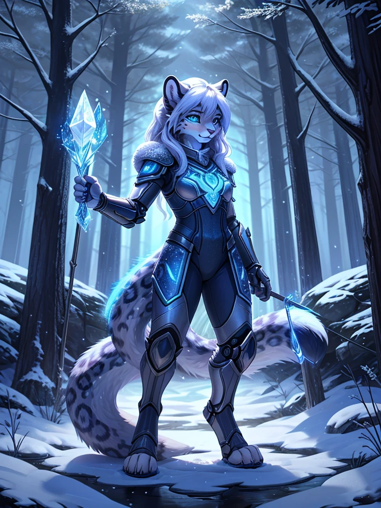 A meticulously detailed, high-definition digital painting of an anthropomorphic snow leopard character standing confidently in an enchanted winter forest. The snow leopard has luxurious, long, flowing silver fur with subtle streaks of icy blue, giving her a mystical appearance. Her expressive, almond-shaped eyes are a deep sapphire blue, glowing softly against the cold, dark backdrop. The character’s face features a delicate blend of feline grace and human-like intelligence, with small, pointed ears tufted with fur and a slightly upturned, heart-shaped nose.

She is dressed in an intricately designed, futuristic armor that combines elements of both organic and cybernetic aesthetics. The armor is sleek and form-fitting, made from a material that appears to be a blend of metal and crystal, with glowing runes etched along the surface. These runes pulse gently with a soft light, matching the color of her eyes, giving her an aura of ancient power mixed with advanced technology.

Her long, flowing hair cascades down her back, moving with a life of its own as if touched by an ethereal wind. The hair has a silver sheen, with highlights that catch the ambient light, creating a shimmering effect. She holds a staff in one hand, crafted from a dark metal entwined with glowing crystal veins, and the other hand is outstretched, gently manipulating the surrounding snowfall with a faint glow emanating from her fingertips.

The background is a dimly lit, enchanted forest with towering, snow-covered trees and a path illuminated by faint, bioluminescent plants. The atmosphere is serene yet filled with a sense of hidden power, with mist rising from the ground and snowflakes drifting slowly down, adding a touch of magic to the scene.

Rendered in an ultra-realistic, yet stylized manner, the character's fur, armor, and surroundings are depicted with extreme attention to detail, where every strand of fur, every glow, and every shadow is meticulously crafted. The overall aesthetic is a fus