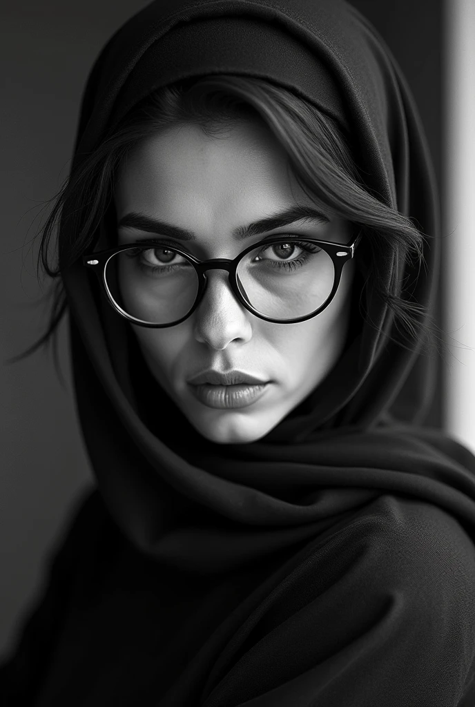 A woman with dark hair and intense eyes, wearing a headscarf and round glasses, looks directly at the camera with a serious expression. Her lips are slightly parted, and her gaze is unwavering. The image is rendered in a classic black and white style, emphasizing the starkness of her features and the intensity of her expression.

[A portrait capturing the essence of strength and determination, reminiscent of the work of  Annie Leibovitz], [Sharp, dramatic lighting, highlighting the textures of the woman's clothing and the sharpness of her gaze, with a blurred background, creating a sense of depth and focus on the subject. The colors are stark black and white, evoking a sense of power and control.]A woman with dark hair and intense eyes, wearing a headscarf and round glasses, looks directly at the camera with a serious expression. Her lips are slightly parted, and her gaze is unwavering. The image is rendered in a classic black and white style, emphasizing the starkness of her features and the intensity of her expression.

[A portrait capturing the essence of strength and determination, reminiscent of the work of  Annie Leibovitz], [Sharp, dramatic lighting, highlighting the textures of the woman's clothing and the sharpness of her gaze, with a blurred background, creating a sense of depth and focus on the subject. The colors are stark black and white, evoking a sense of power and control.]