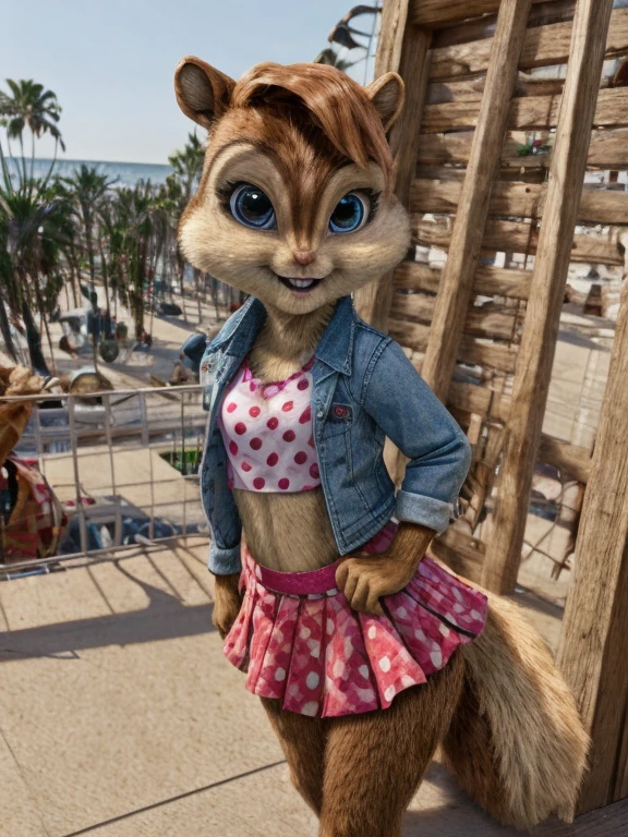 score_9, score_8_up, score_7, score_6 ,Santa Monica, brittany miller, chipmunk, furry, short ears, light pink shirt top, jean jacket, pink skirt with black polka dots, looking at viewer, 6 inches tall,
