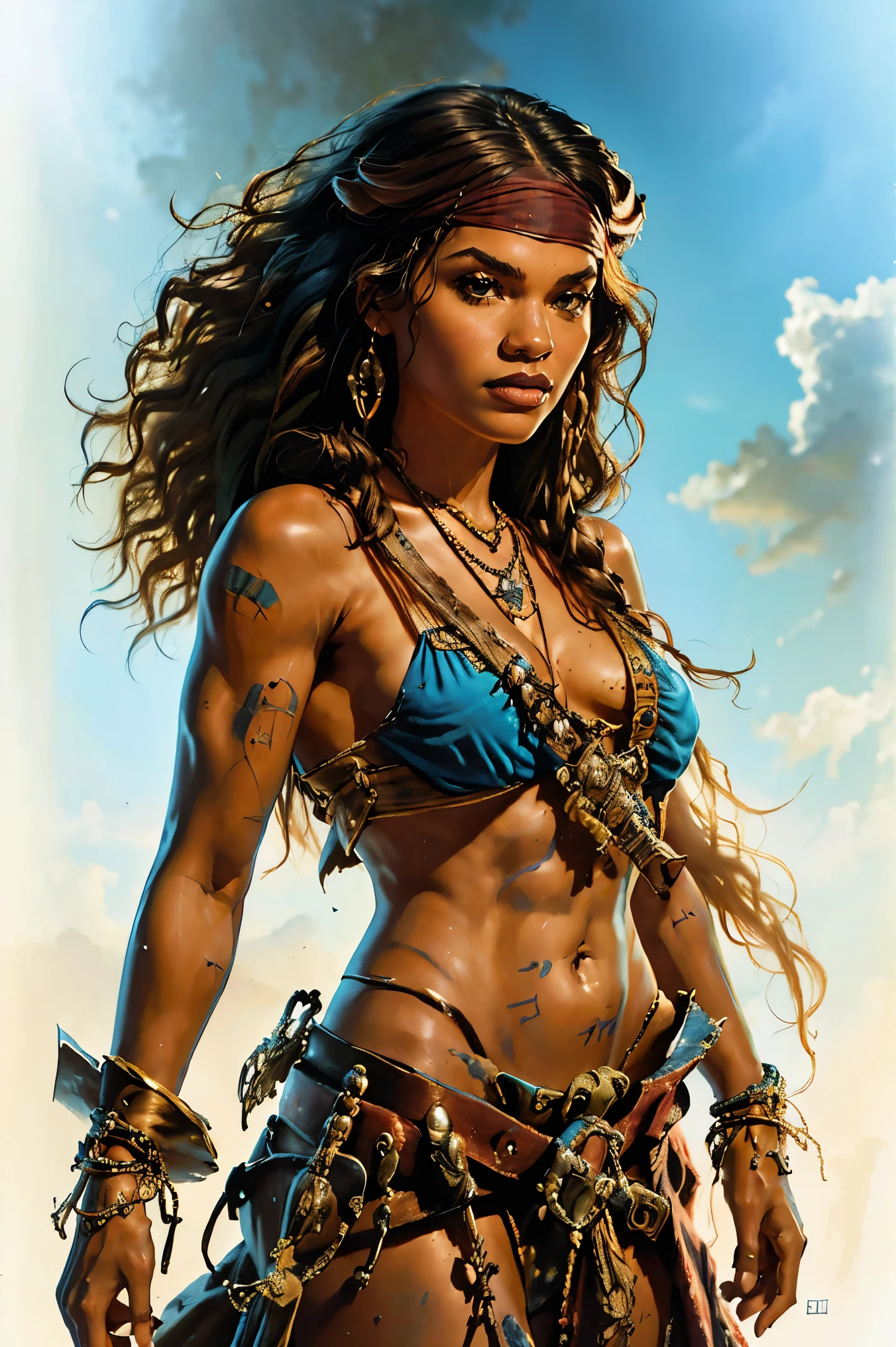 Zendaya as a female Jack Sparrow from Pirates of the Carribean, heroic fantasy, highly detailed cinematic illustration, black outlining, full color illustration, vivid colors, white background, in the style of Boris Vallejo & Julie Bell, masterpiece, 8k, ultra-detailed, physically-based rendering, vivid colors, dramatic lighting, intricate background, photorealistic