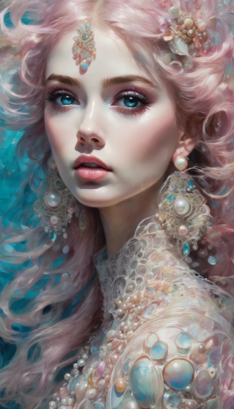 Girl is a pearl, Vrubel style, voluminous torn large 3d brush strokes, oil painting, deep shadows, sea world, double exposure, beautiful face, girl, large round earrings, pink and white pearls, aquamarine eyes, plump lips, glow, female body beautiful, hair made of shells and pearls, unrealistically huge eyes, unrealistically long eyelashes, fantasy, filigree, surrealism, body art, focus on the eyes