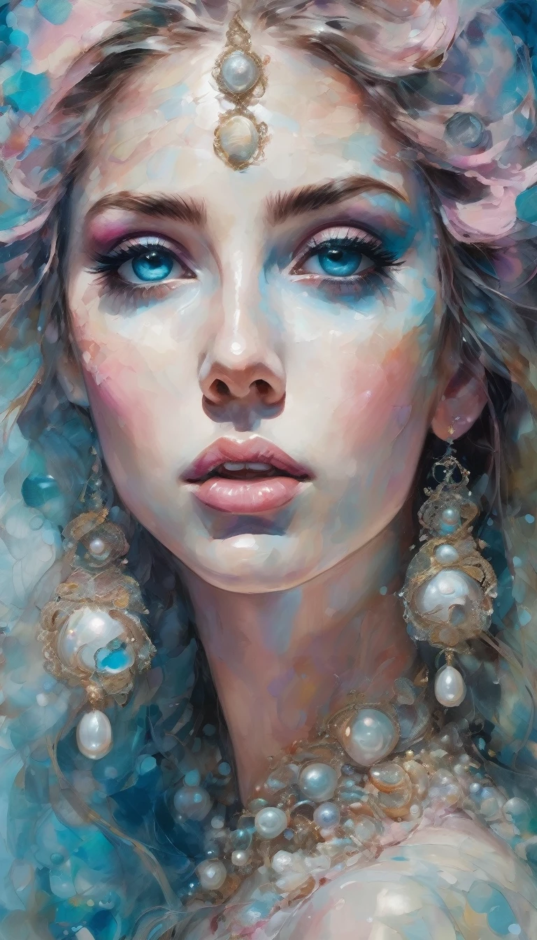 Girl is a pearl, Vrubel style, voluminous torn large 3d brush strokes, oil painting, deep shadows, sea world, double exposure, beautiful face, girl, large round earrings, pink and white pearls, aquamarine eyes, plump lips, glow, female body beautiful, hair made of shells and pearls, unrealistically huge eyes, unrealistically long eyelashes, fantasy, filigree, surrealism, body art, focus on the eyes