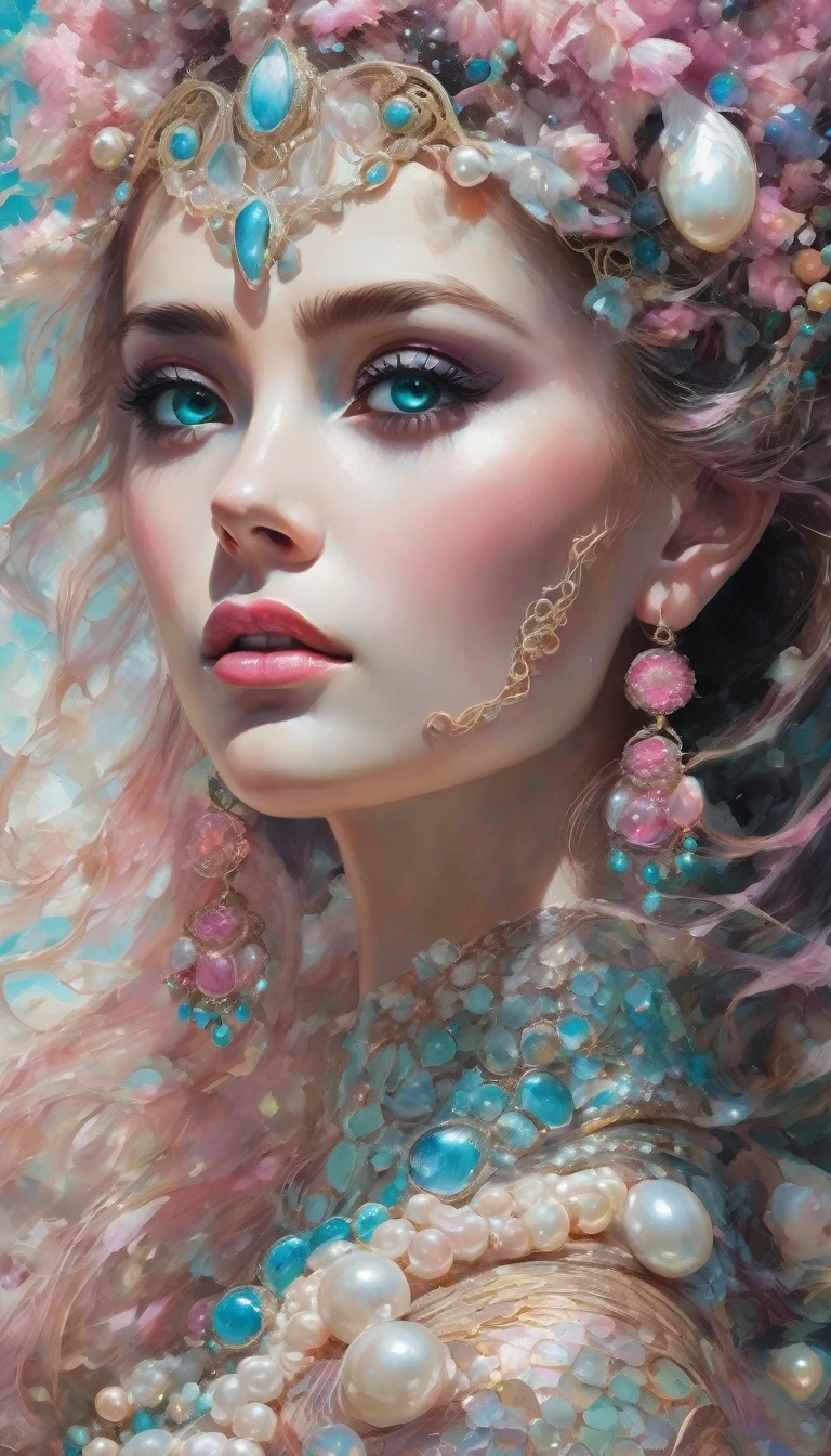 Girl is a pearl, Vrubel style, voluminous torn large 3d brush strokes, oil painting, deep shadows, sea world, double exposure, beautiful face, girl, large round earrings, pink and white pearls, aquamarine eyes, plump lips, glow, female body beautiful, hair made of shells and pearls, unrealistically huge eyes, unrealistically long eyelashes, fantasy, filigree, surrealism, body art, focus on the eyes