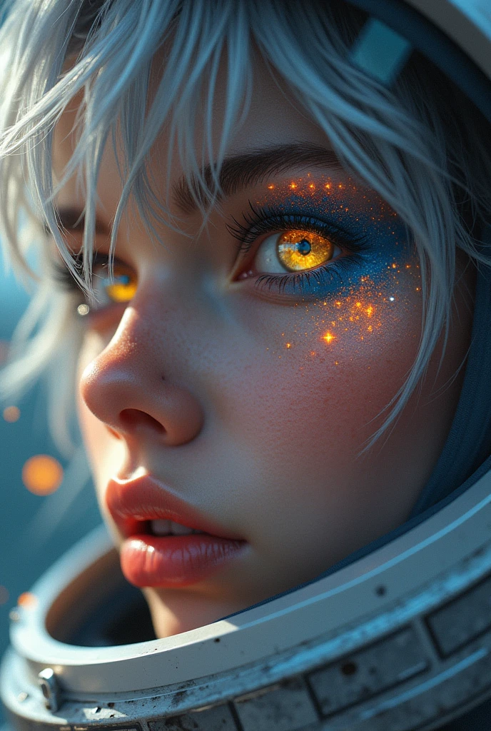 (Close-up of a better masterpiece:1.5)0.9], (Space and astronauts:1.2) (Messy silver hair:1.1) (Heterochromia xanthochromia and blue eyes:1.2) (Space Helmet:1.0) (Colored stars in the eyes:1.0) (A radiant glow:1.1) (thick lips:0.9)