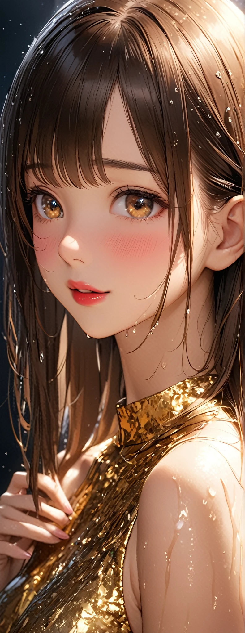 Straight Hair,Medium,Brown Hair,((Highly detailed golden sexy dress)), Looks about 17 years old, (beautiful girl: 1.3),1girl,Highest quality,8k,Highly detailed CG unit wallpaper,masterpiece:1.2,Highest quality,Ultra-high resolution,RAW Photos,Realistic textured skin,Cinema Lighting,happy,Big Eyes,Detailed eyes,Wet,Wet,Watery eyes,weak,(Beautiful glossy lipstick,Perfect Makeup,Ultra-high definition beauty face,I close my eyes and shyly wait for a kiss,blush,face waiting for kiss