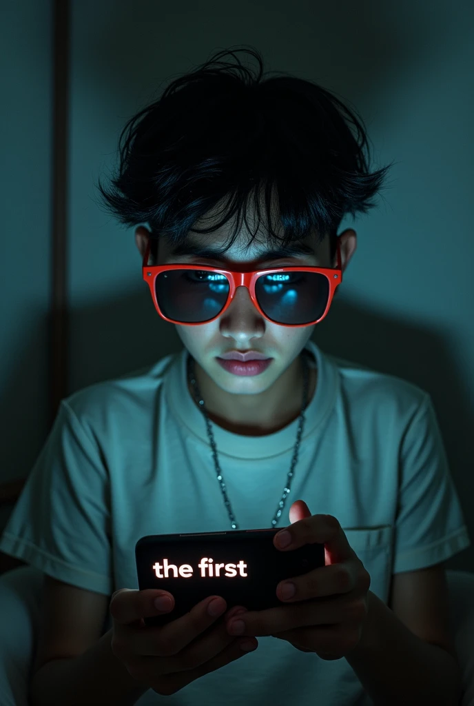 Make a cover,that it be a boy with trendy sunglasses like Bad Bunny,by white, sad in his room with his phone that says on the screen of his phone “the first” and to the side of the image says “lazzar”