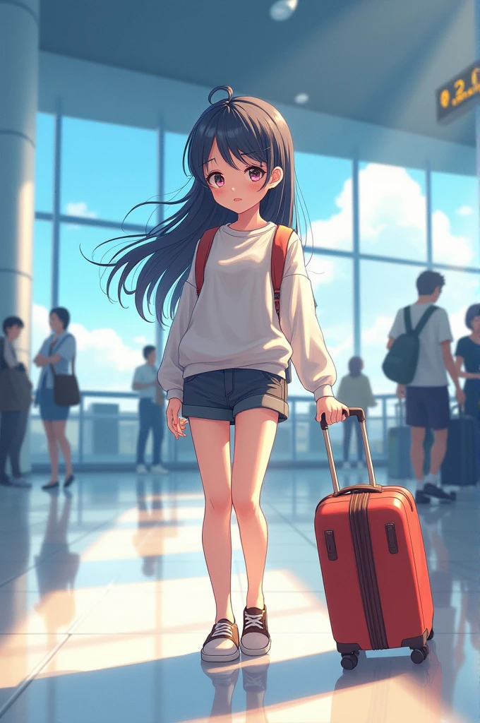 Girl going to the airport, with a luggage, cute , anime