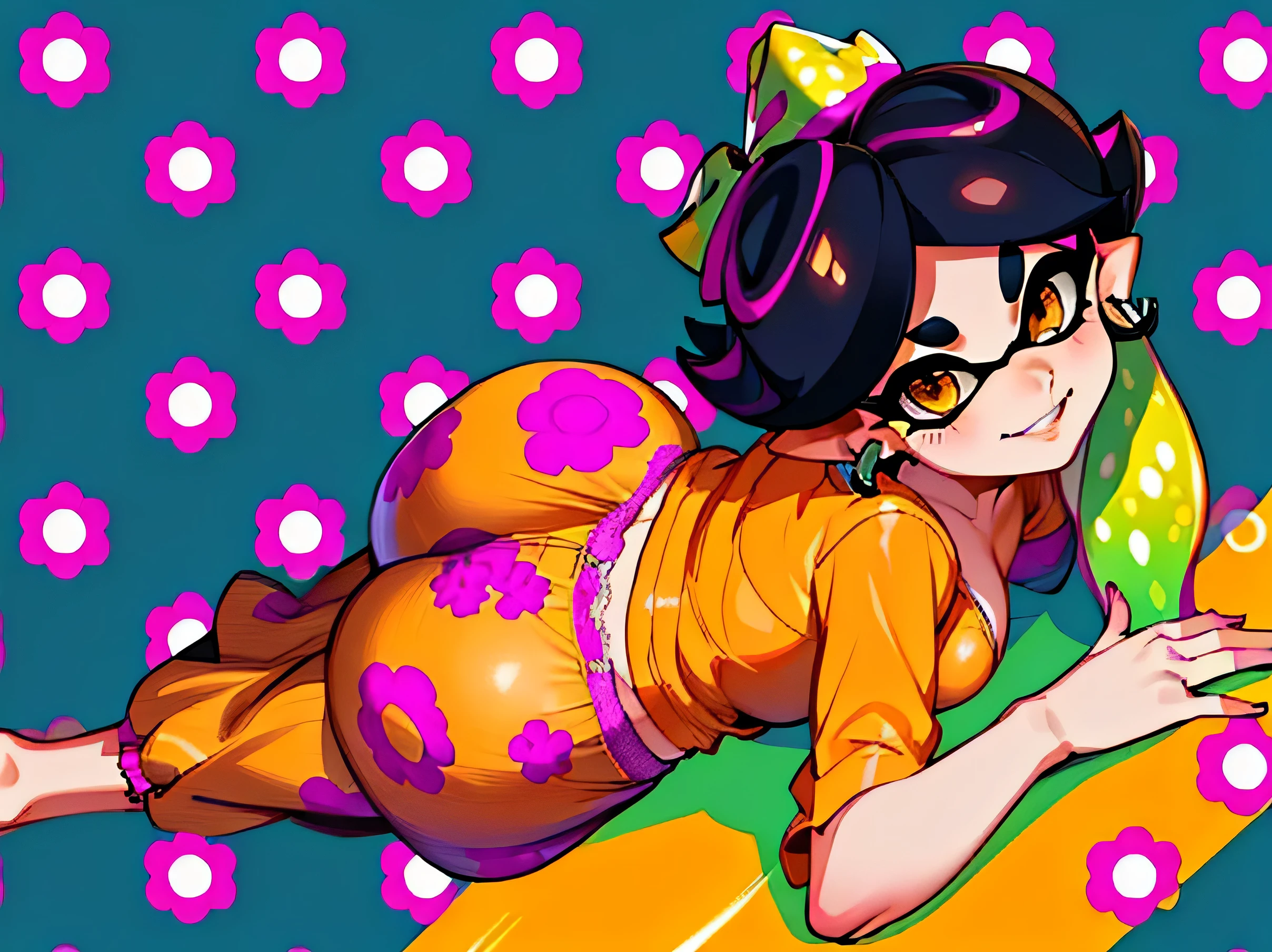 Callie from splatoon lying face down with her phone in her hand, ❤, commission for high res, backlit, detailed fanart, thick, crouched, lindosexyrobutts, High quality fanart, inspired by Akira Toriyama, commission for, Bottom angle, Akira Toriyama style, , Only, anime cover, callie, big booty, sexy panties, sticking out tongue, White girl, short red top, a lolipop in her mouth, sucking a lolipop