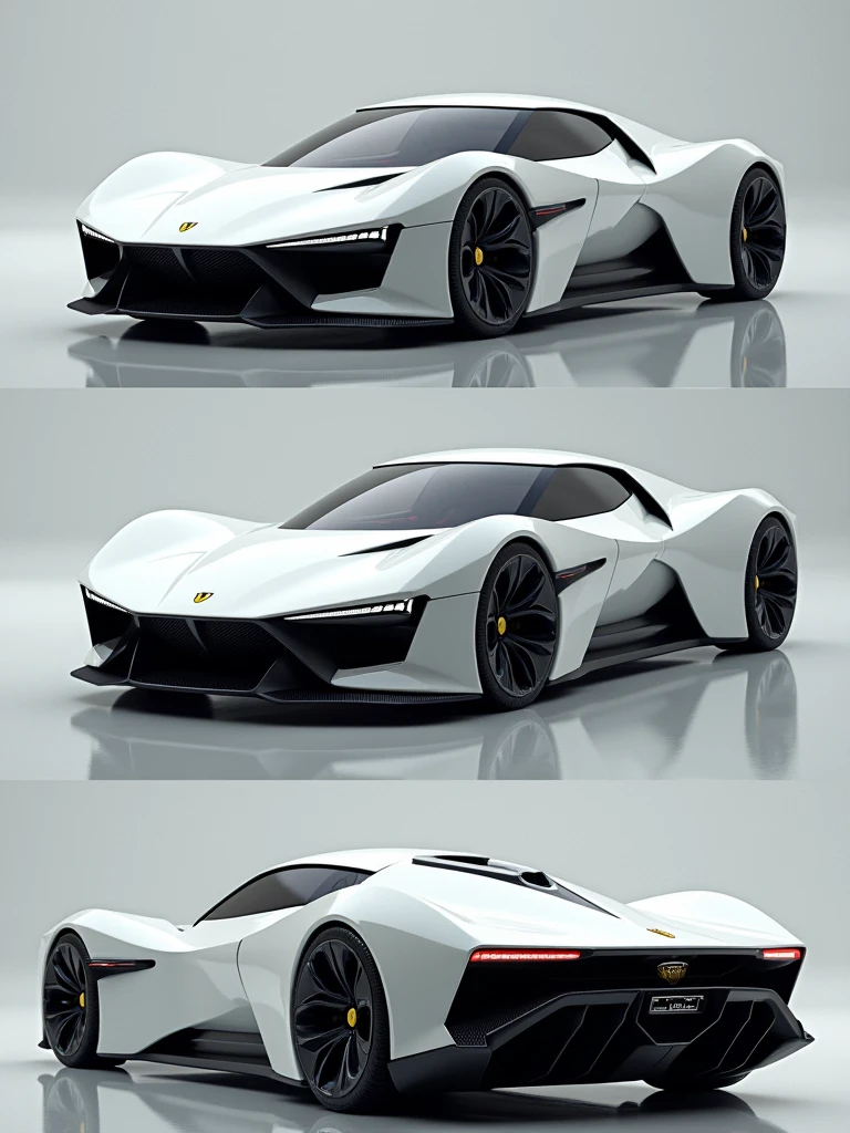 Draw a fusion of White Ferrari F-40 and White Lamborghini Countach in 3 frames:
- Front view
- Side view
- Rear view realistic