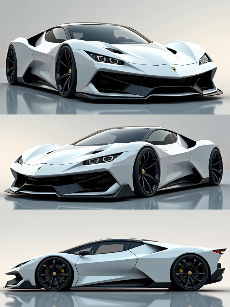Draw a fusion of White Ferrari F-40 and White Lamborghini Countach in 3 frames:
- Front view
- Side view
- Rear view realistic