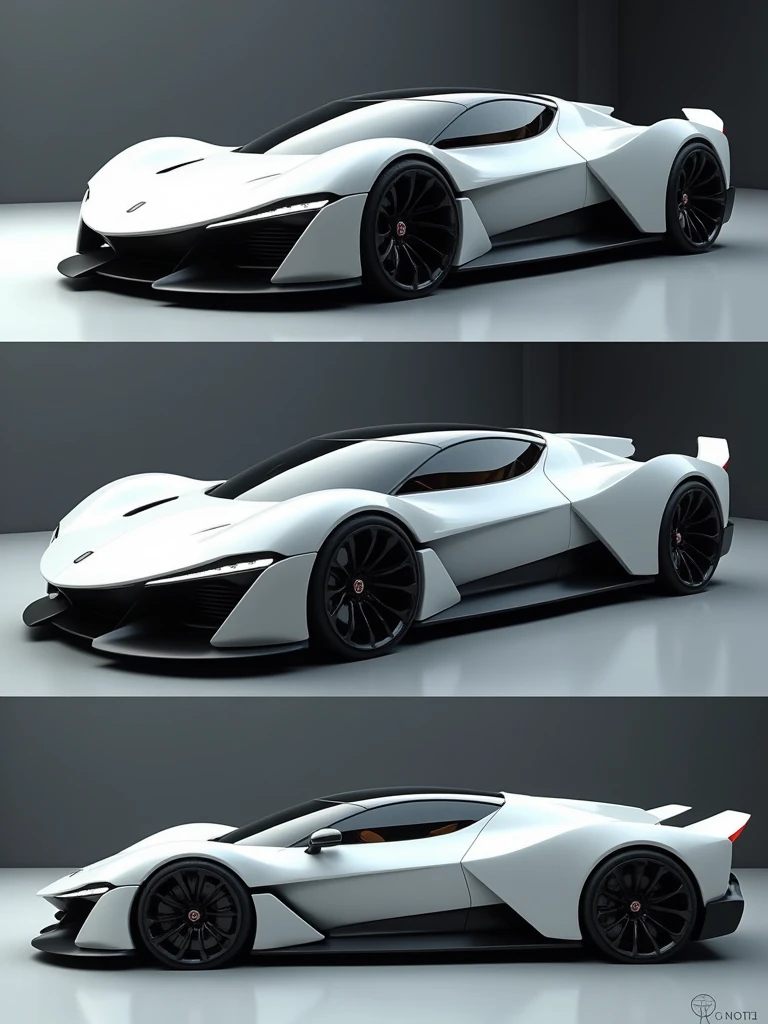 Draw a fusion of White Ferrari F-40 and White Lamborghini Countach in 3 frames:
- Front view
- Side view
- Rear view realistic