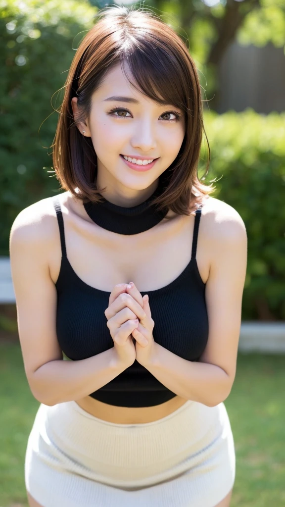 masutepiece、Best Quality、Illustration、 ultra-detailliert、hight resolution、8K Wallpapers、Perfect dynamic composition,、Beautiful detailed eyes、Medium Hair、((Wearing a tight white mini skirt)),(Slender body),model with attractive body、(Beautiful Large Breasts:1.3)、Natural Color Lip、Bold sexy poses、Smile、Harajuku、2poses、Smile、Harajuku、18 years girl、Cute、Sexy shot looking at camera、(top-quality: 1.3), (masterpiece: 1.3), (Super Detail: 1.3), (wall-paper, one girls: 1.1)、(Detailed hands and fingers:1.2)、(Detailed ultra-oily shiny skin:1.1)、oily shiny thighhigh、(Perfect beautiful black sleeveless high neck knit top:1.4)、Brown hair、short-hair、bouncing hair、Beautiful sister、(a park:1.2)、(Beautiful Large Breasts:1.2) 、dance,((Leaning forward)),((Hands folded behind the body))