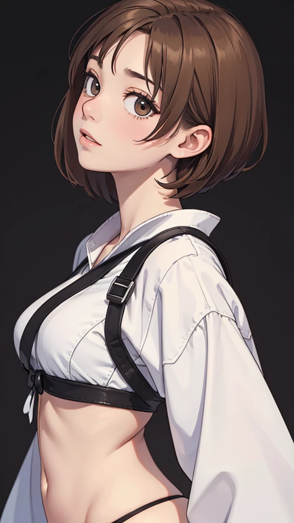 (((masterpiece, best quality, ultra highres, 1 girl, solo, no background))), super detailed skin and face and eyes and finger, beautiful japanese woman, small breasts:1.5, skinny, light brown hair, white background, very short pixie hair, knee shot, Generate with illustrations, Various expressions, Various poses, The background should be simple, with the character positioned centrally, outline, anime, 2d, boyish, expressionless, thong, back view,