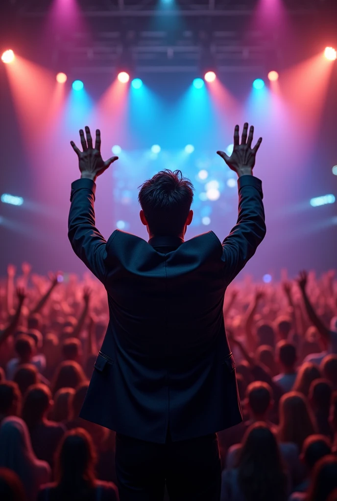 A middle-aged  man with dark hair and  performing on stage in front of a large crowd, making a thankyou with his hands at night