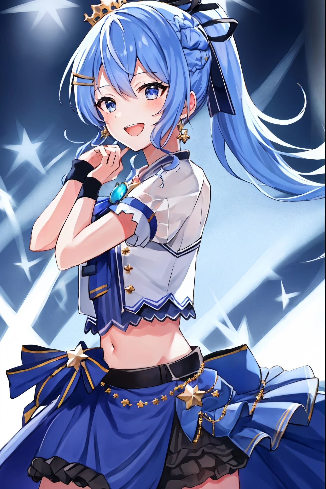 masterpiece, best quality, absurdres, 1girl, solo, Hoshimachi Suisei, light blue hair, blue eyes, happy, smile, parted lips, slender, sidelocks, ponytail, toned,
idol, idol clothes, hololive idol uniform, bowtie, blue skirt, brooch, dress, concert, on stage, frilled skirt, jewelry, layered dress, short sleeves, tiara, midriff, thighhighs,shout,(open_mouth:1.3),singing,(angry:0.6), (glare:0.6), idle_live,audience_landscape,light up_girl,solo,shiny_effects,smile。joy,happy,(slanted_eyes:1.3)