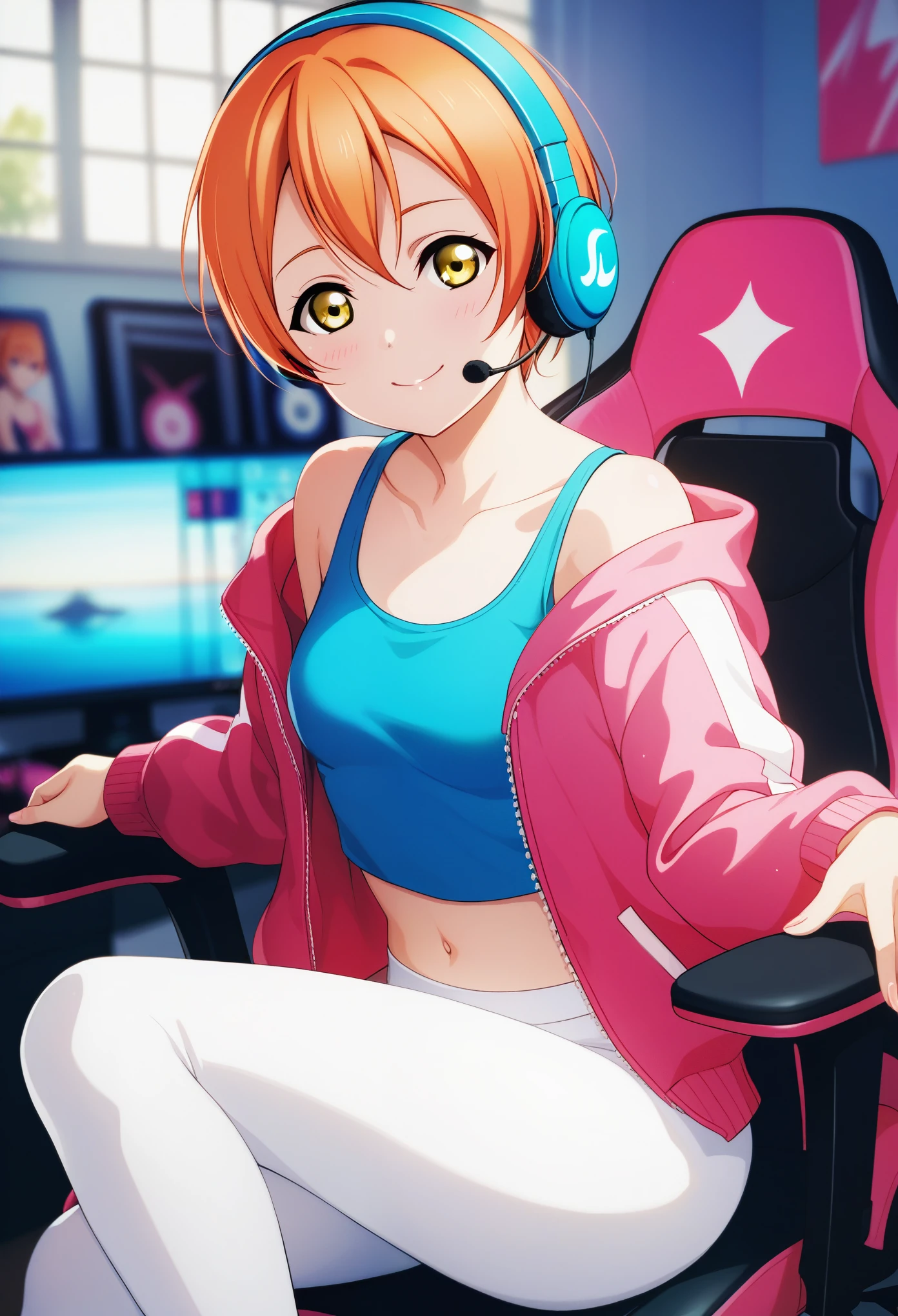masterpiece, best quality,cowboy shot,collarbone, Rin Hoshizora Love Live, orange hair, yellow eyes, romantic,low white leggings,blue tank top,pink crop jacket, headphones,detailed face,sitting on gaming chair, looking at viewer,pov, small breasts