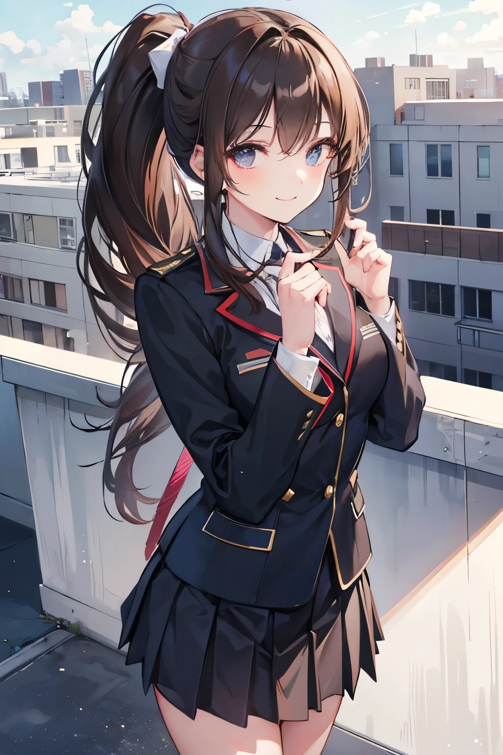 School rooftop, brown hair in a ponytail, prestigious black highschool uniform, both of her hands behind her, smiling