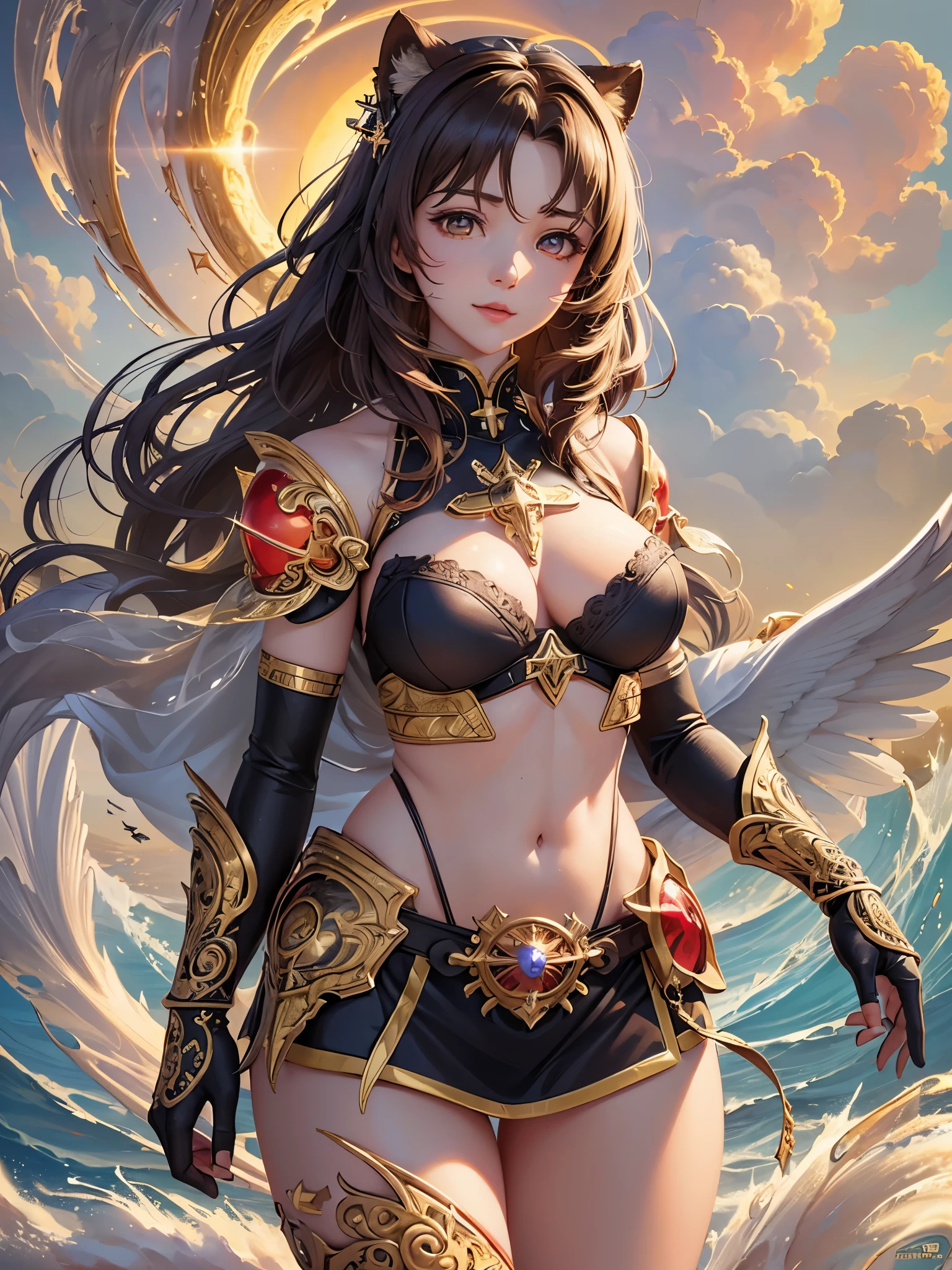 ((Highest quality)),(Ultra-high resolution),(Super detailed),(Detailed Description),((The best CG)),(masterpiece),Highly detailed art,(Fantasy art with intricate detail:1.5), Bright red sun:1.4, Shining Steel:1.4, Howling Wind:1.3, roar:1.4, Rough seas:1.6, anger:1.3, Shining Eyes:1.2, Wave swell:1.3, (Female savior:1.7)