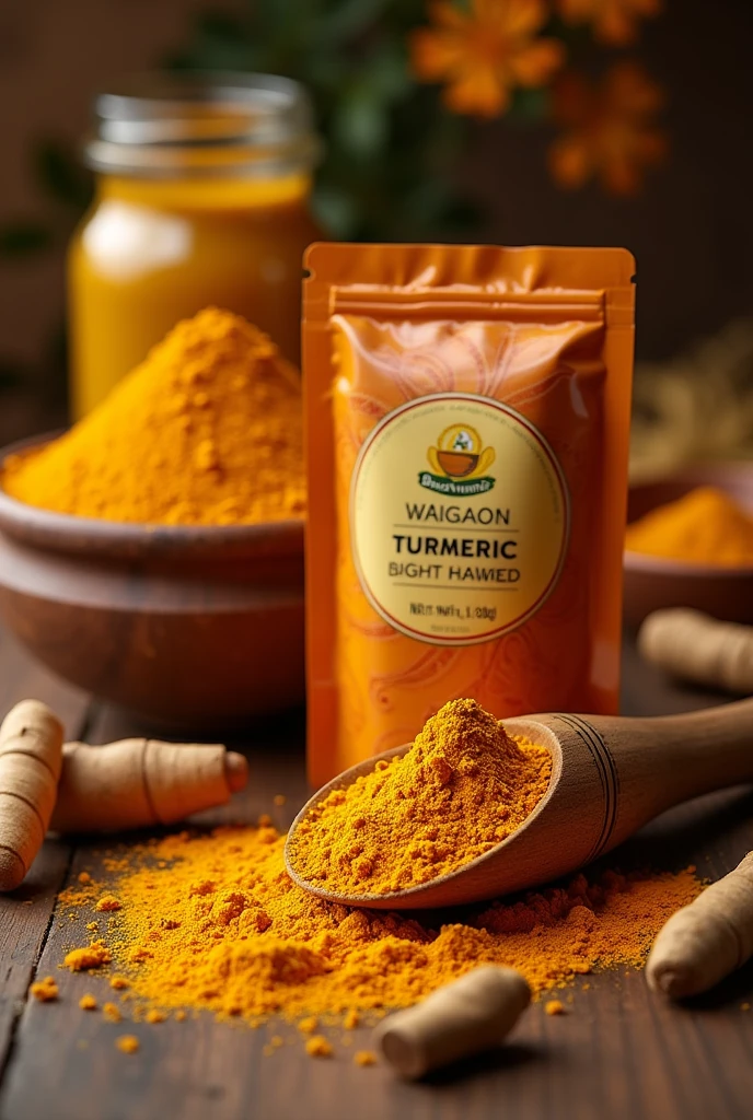 
Here's a script for an image showcasing Waigaon Turmeric Powder:

*Image:* A warm and inviting image featuring a packet of Waigaon Turmeric Powder, with a sprinkle of turmeric powder on a wooden spoon or a traditional Indian utensil, set against a natural background (e.g., wood, stone, or a woven basket).

*Headline:* Golden Goodness from India

*Subheading:* Waigaon Turmeric Powder - 5%+ Curcumin Content

*Body Text:*

- Sourced from finest Indian turmeric farms
- Hand-picked and sorted for maximum quality
- State-of-the-art processing preserves natural goodness
- Boosts health and wellbeing with anti-inflammatory, antioxidant, and immune-boosting properties

*Call-to-Action (CTA):* Try Waigaon Turmeric Powder today!

*Visual Elements:*

- Bharat Turmeric logo
- Waigaon Turmeric Powder packaging
- Traditional Indian elements (e.g., utensils, textiles, or patterns) to emphasize the product's origin and authenticity

*Color Scheme:*

- Warm golden tones (#F2C464, #FFD700) to evoke feelings of comfort, health, and natural goodness
- Earthy tones (e.g., #964B00, #788F3C) to connect with nature and tradition

This script provides a concise and visually appealing way to showcase your product's key benefits and unique selling points. Adjust the elements to fit your brand's style and the image's composition.