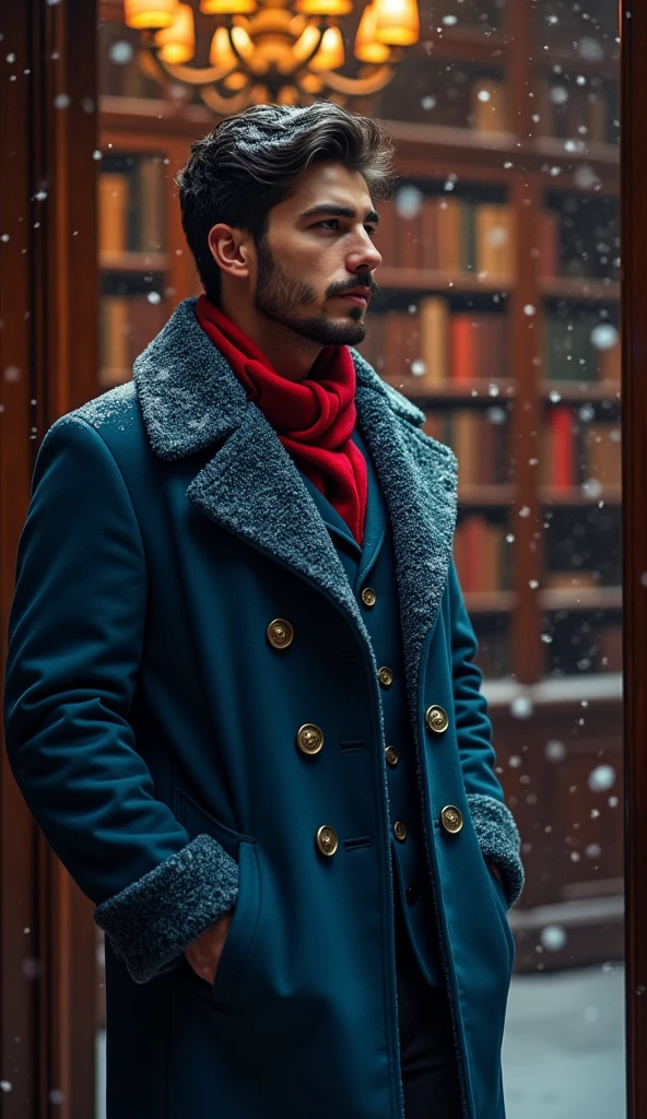Inside a luxurious mansion, A 21-year-old young rich man with a small beard and big mustache wearing a very lush bluish pent coat and a red muffler, Entering a Library, books all around, library is lavishly decorated, with warm lights contrasting the snowy night outside.