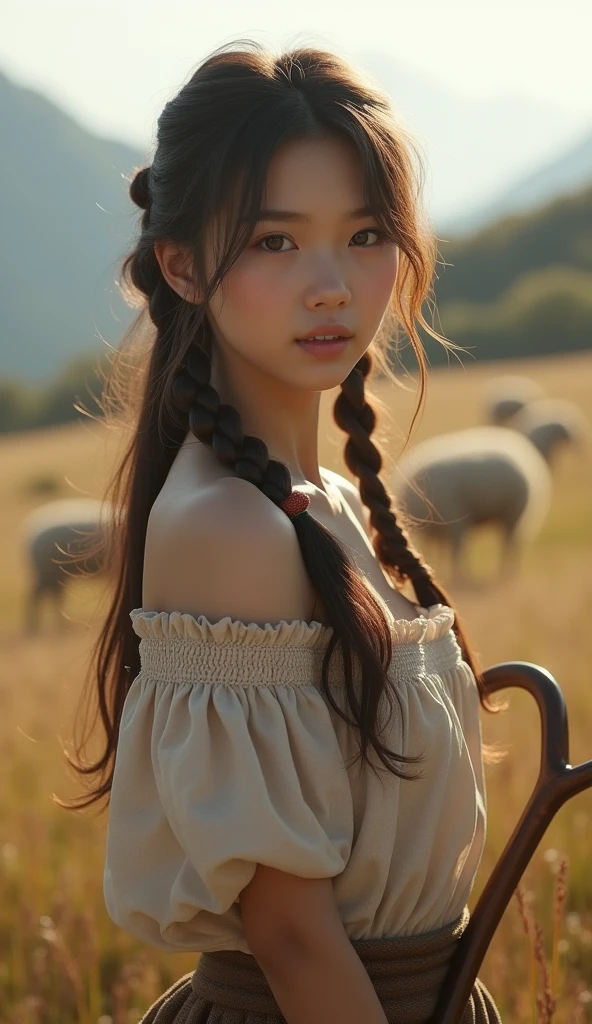 (8k, RAW photo, best quality, masterpiece), (photorealistic), outstanding details, ultra-high resolution, anatomically correct, textured skin, (Extremely precise and accurate anatomy), Ultra Detailed Face, Detailed Eyes, One girl, (whole body:1.4), (full body:1.4), (shepherd girl) , Cute Japanese girl , 20-year-old, (light smile), (Mouth slightly open) , Shepherd's Crook, Side braids, Brown Hair, curvy, beautiful breasts, (Hilly pasture), many sheep, Beautiful mountains in the distance, grassland, wilderness, Background blur, far and near method, morning sun, (backlighting), reflection light from below, atmospheric perspective, depth of field, (dramatic lighting), cinematic lighting, Artistic, Baroque, Cinematography, Portrait Photography,