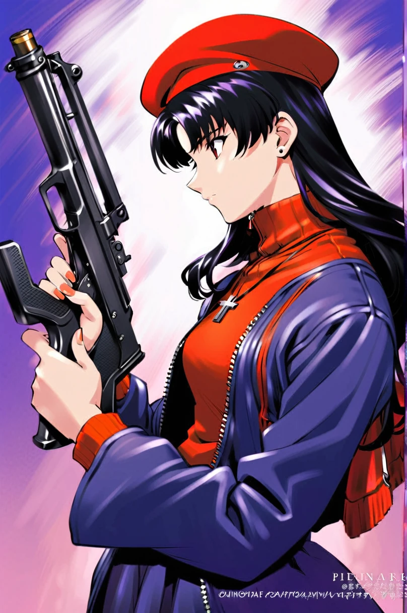 katsuragi misato, 1girl, jewelry, weapon, gun, solo, hat, earrings, handgun, holding, long hair, stud earrings, holding weapon, jacket, open clothes, necklace, profile, open jacket, long sleeves, red jacket, holding gun, bangs, beret, zipper, closed mouth, purple hair, cross, black hair, turtleneck, parted bangs, upper body, web address, dress, watermark, from side, finger on trigger, fingernails, unzipped, trigger discipline, looking away, cross necklace, red headwear, uniform, cowboy shot, dutch angle, 