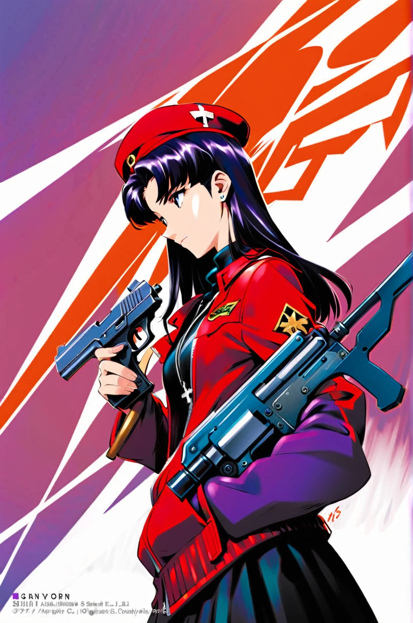 katsuragi misato, 1girl, jewelry, weapon, gun, solo, hat, earrings, handgun, holding, long hair, stud earrings, holding weapon, jacket, open clothes, necklace, profile, open jacket, long sleeves, red jacket, holding gun, bangs, beret, zipper, closed mouth, purple hair, cross, black hair, turtleneck, parted bangs, upper body, web address, dress, watermark, from side, finger on trigger, fingernails, unzipped, trigger discipline, looking away, cross necklace, red headwear, uniform, cowboy shot, dutch angle, 