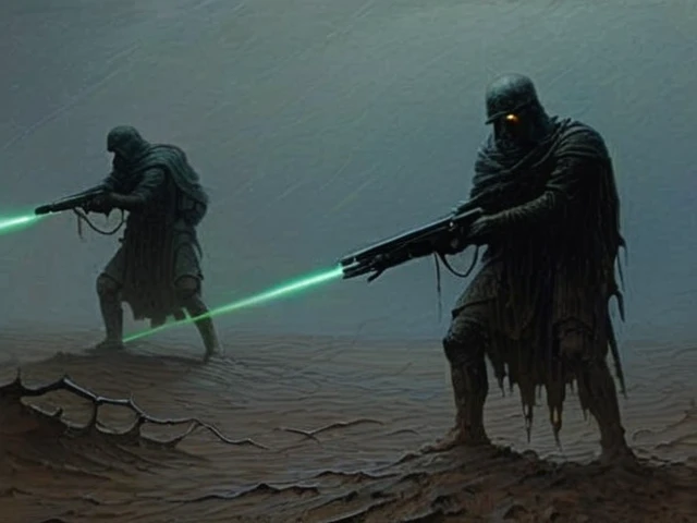 Drawing inspiration from 20th century surrealists like Zdislaw Beksinski, Mercenaries holding laser guns stand on a stormy battlefield, The ground is muddy and slippery, Tense atmosphere, boring, alarm., Unforgettable atmosphere,Otherworldly Landscapes, Oil on canvas, Dry brush