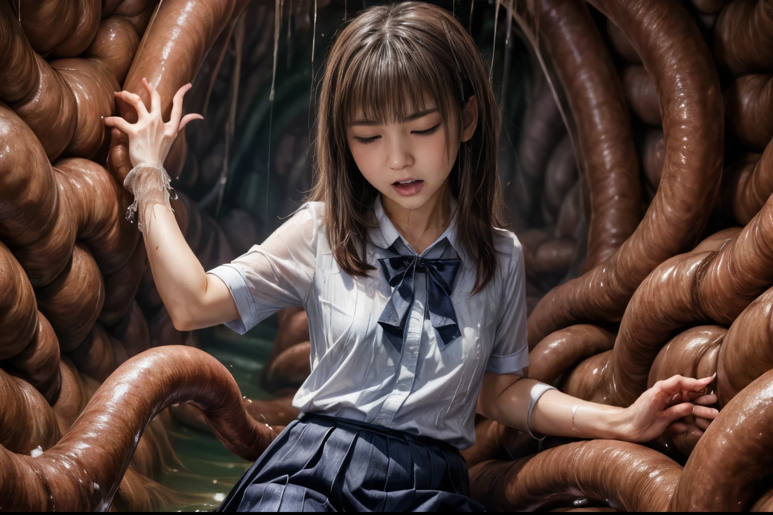 creepy tentacles are (((licking))) Asian school girl (inside creature:1.4) of stinky saliva fluids in fantasy, (stinky dress), wet girl, sitting, ((looking at the viewer)), wet skin, bukkake, anguished, bound by slimy tentacles, bdsm, vine, sitting in a mirror, she is resisting from cum shot, fetish, pussy juice stain, (she is hiding her mouth:1.5) inside creature, slimy ((wet skin)) dripping, (beautiful eyes), dried saliva, ((steaming)), depth of field, 1girl, solo, censored, ((white blouse)), skirt, bowtie, school girl, vore, photorealistic, womb cave filled with slime and saliva, wet, soaked, sticky