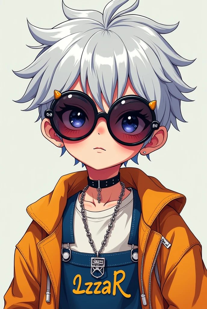 Make a picture of a boy with white hair, shein-style sunglasses, anime-style fashion, and that says Lazzar