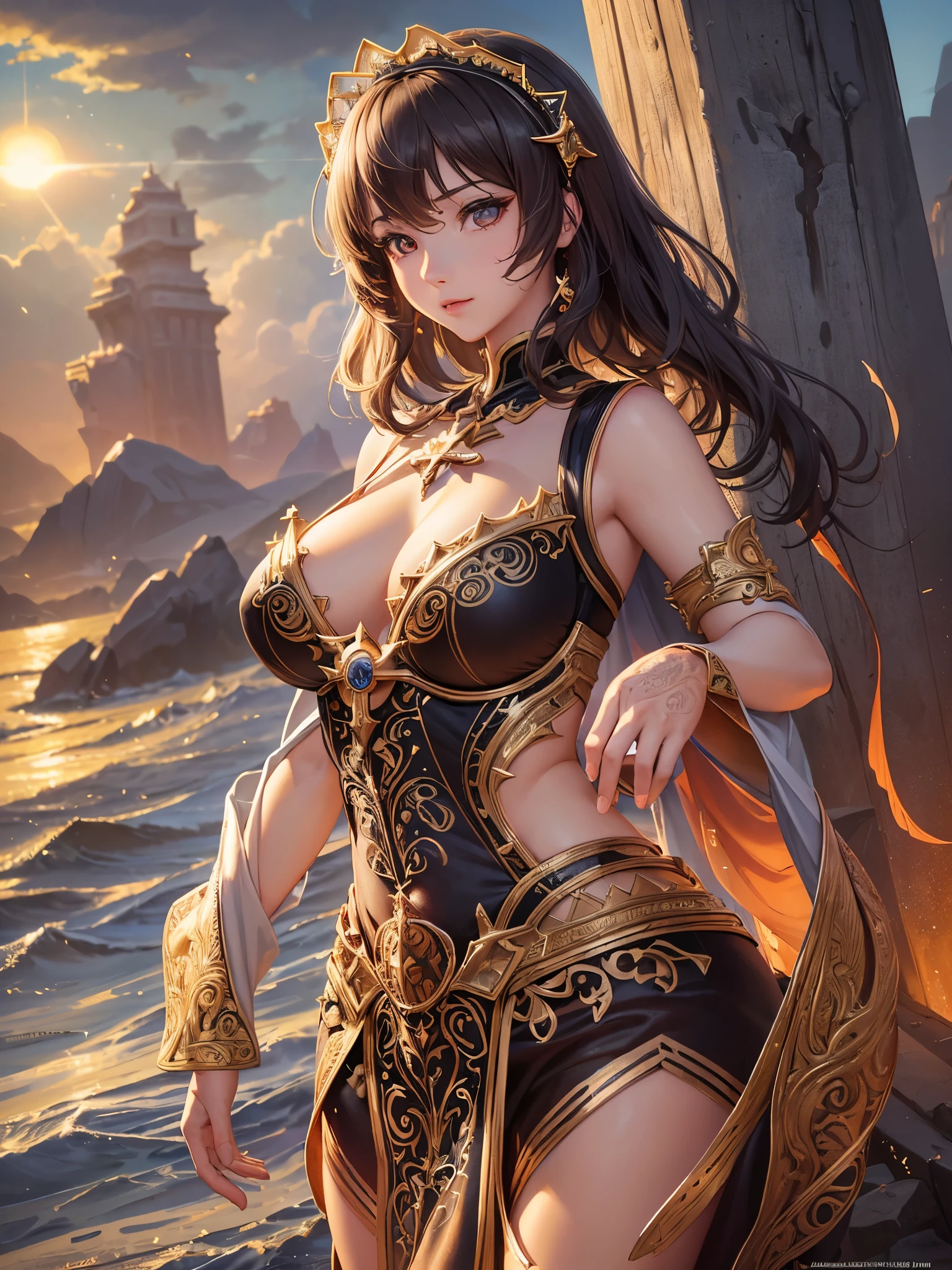 ((Highest quality)),(Ultra-high resolution),(Super detailed),(Detailed Description),((The best CG)),(masterpiece),Highly detailed art,(Fantasy art with intricate detail:1.5), Bright red sun:1.4, Shining Steel:1.4, Howling Wind:1.3, roar:1.4, Rough seas:1.6, anger:1.3, Shining Eyes:1.2, Wave swell:1.3, (Female savior:1.7)