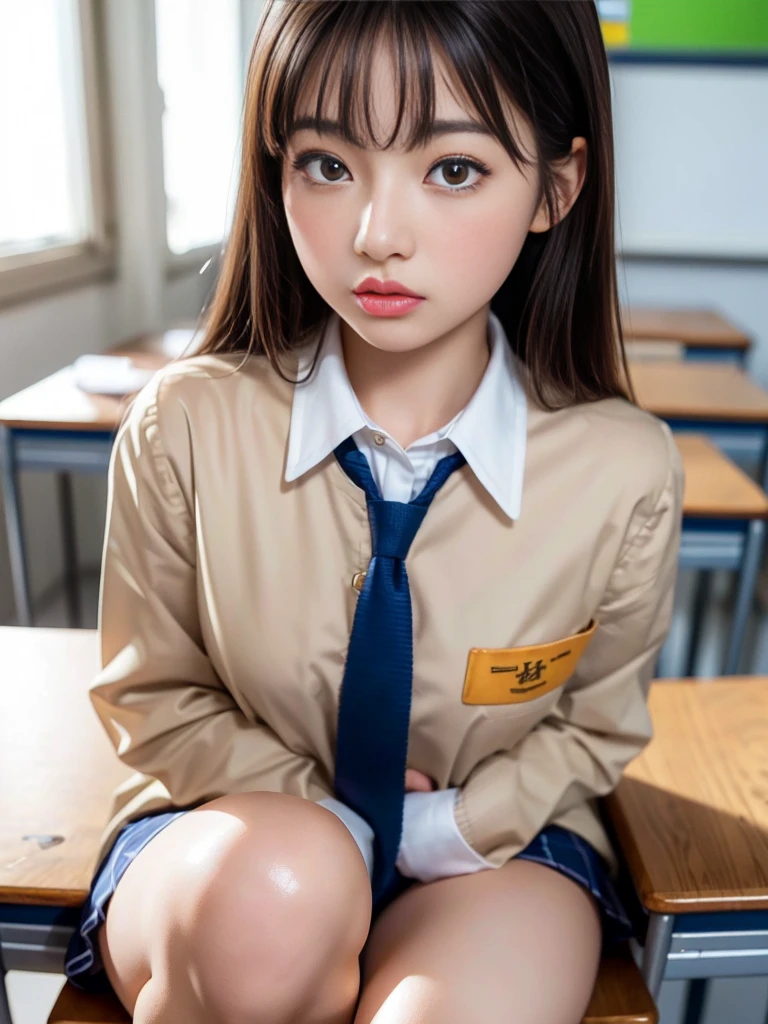 (UHigh resolution, retina, masterpiece, Accurate, Anatomically correct, Textured skin, Super Detail, Attention to detail, high quality, 最high quality, High resolution, 1080P, High resolution, 4K, 8k, 16K), (美しいAttention to detail目, Beautiful lip detail, Highly detailed eyes and face), Soft lighting, Physically Based Rendering, Vibrant colors,  (A cute girl wearing a school uniform, sitting on a desk in a classroom,Schoolgirl uniform), (Glowing Skin, blush), (Wide angle), Eye Reflexes, (Staring at the audience),(Thighs,whole body,艶やかなThighs),Inviting face