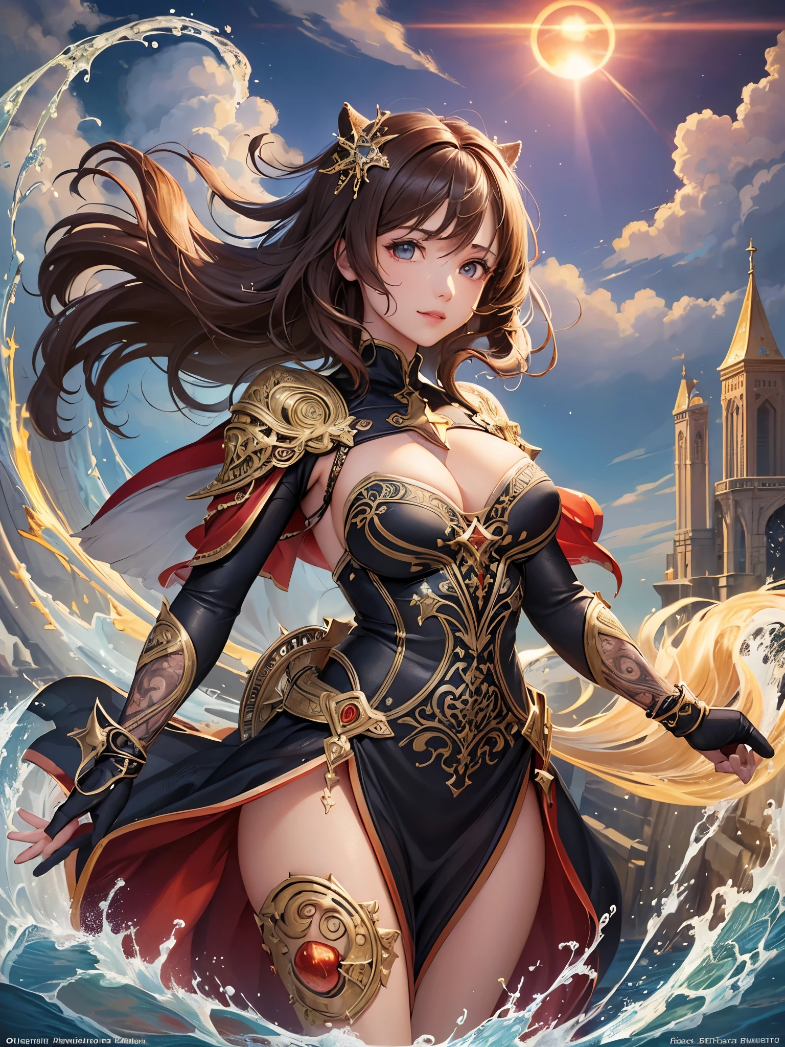((Highest quality)),(Ultra-high resolution),(Super detailed),(Detailed Description),((The best CG)),(masterpiece),Highly detailed art,(Fantasy art with intricate detail:1.5), Bright red sun:1.4, Shining Steel:1.4, Howling Wind:1.3, roar:1.4, Rough seas:1.6, anger:1.3, Shining Eyes:1.2, Wave swell:1.3, (Female savior:1.7)